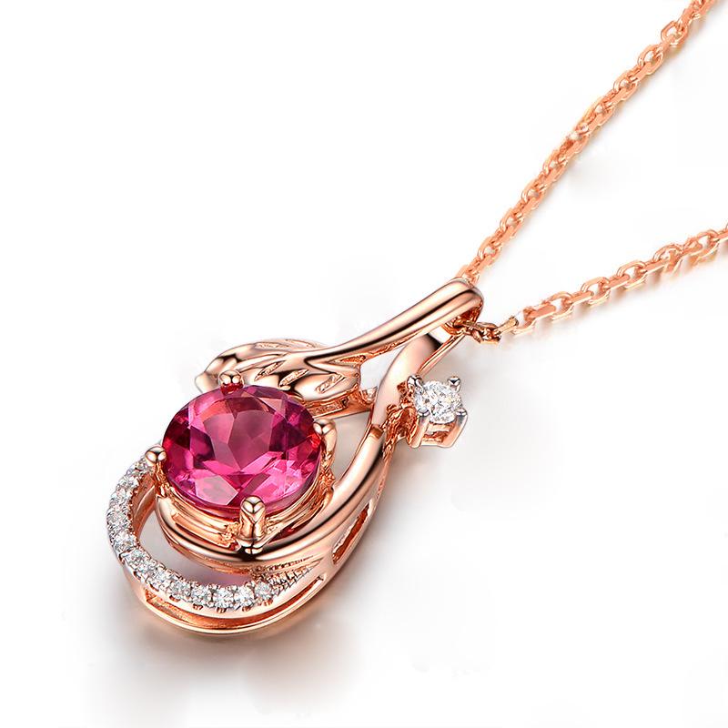 Rose Red Zircon Leaf Pendant with Simulated Tourmaline Gemstone for Women