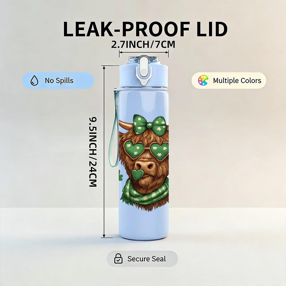 1PC St Patrick Highland Cow Art 750ml Color Plastic Sports Water Bottle Leakproof Flip Straw Lid Suitable for Sports Office Home Use