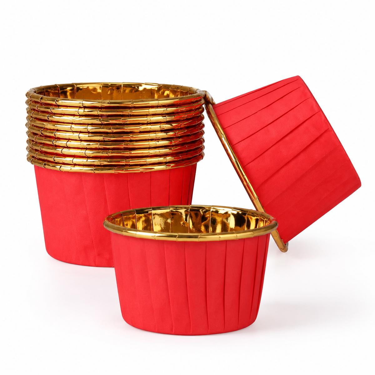 Cupcake Liners, Red Gold Rolled Rim Disposable PET-Lined Paper Baking Cups for Muffins, Cupcakes, Parties and Home Baking