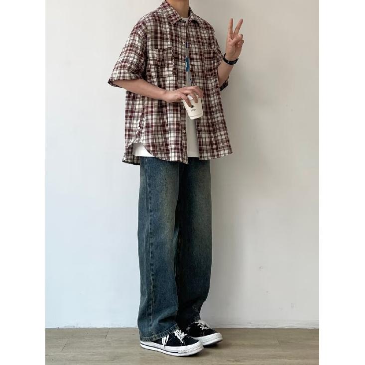 Kariertes Hemd Herren Sommer Japanisch Retro Locker Lässig Fünfviertelärmelhemd Amerikanische High Street Trendmarkenjacke