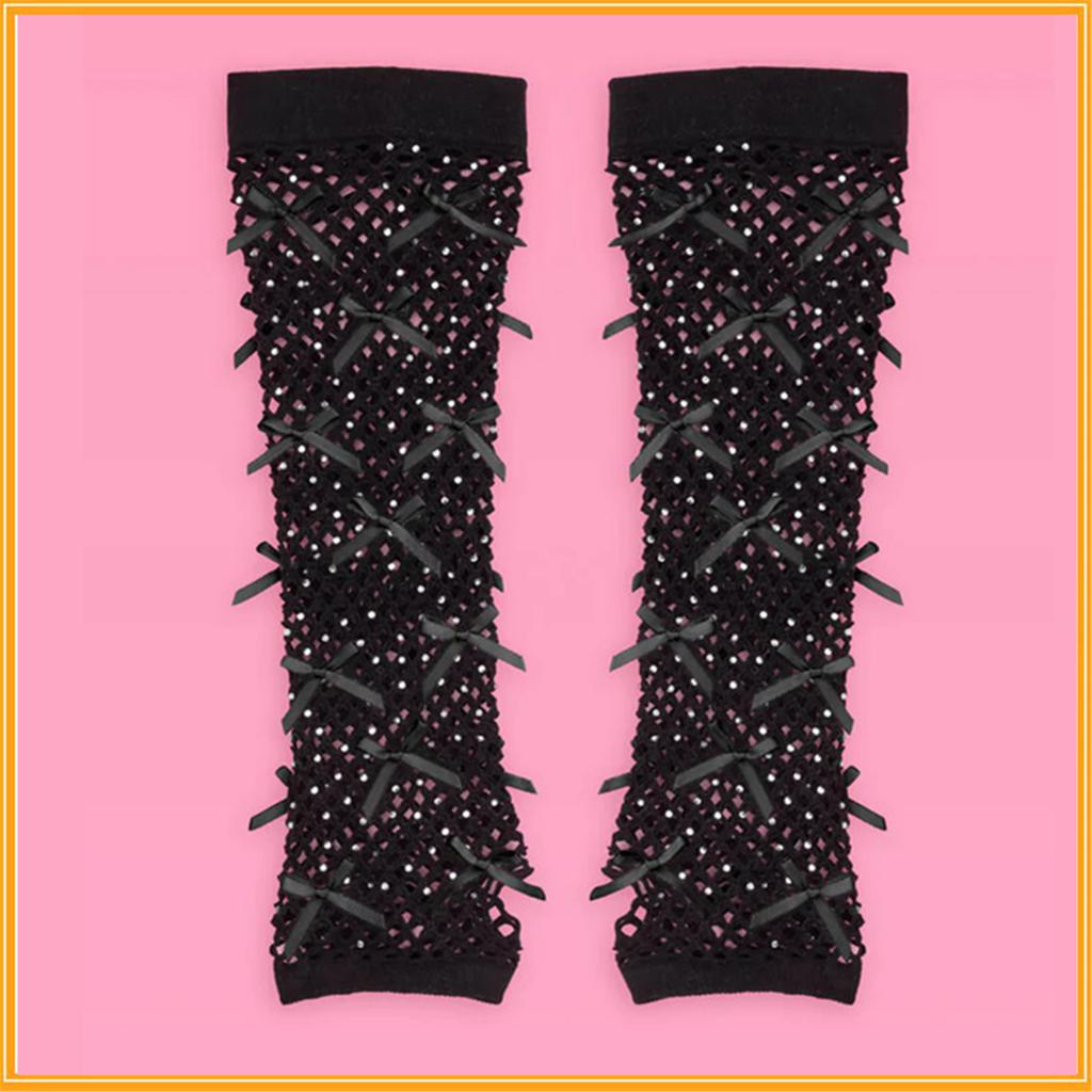Vintage Mesh Fingerless Gloves with Rhinestones and Bowtie for Women Various Parties and Music Festival Handwear