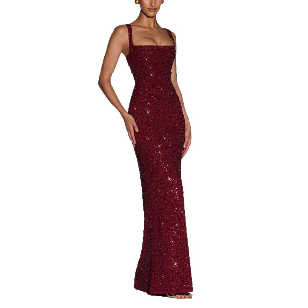 2025 European & American Sexy Spaghetti Strap Off-Shoulder Slim-Fit Shiny Dress