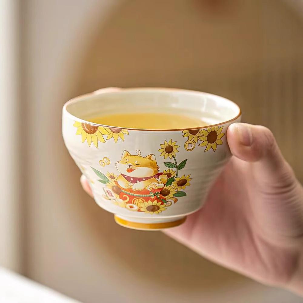 Grass And Wood Ash Cute National Tide Wind Rich Dog Large Master Cup Single Cup Ceramic Household Teacup Women'S Tea Kung Fu Tea Set