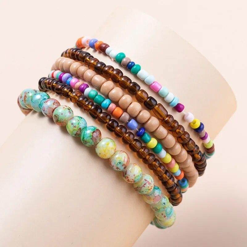 Conjunto de Pulseiras de Contas de Arroz Boho para Mulheres Multicamadas Tecidas à Mão Pulseira de Contas de Cristal Joias para Festa de Verão Presentes de Amizade