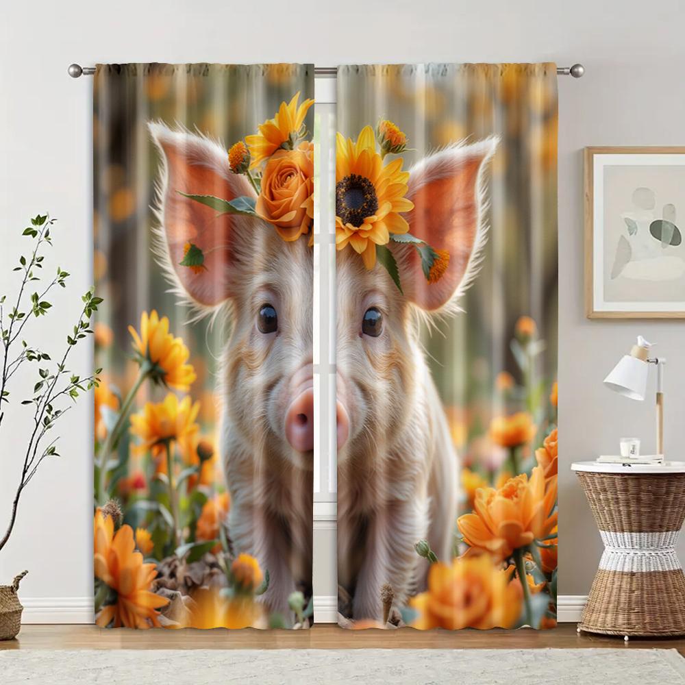 

2 pcs, filtering curtains (excluding rods, non-movable, without batteries) Floral Piglet for use in bedrooms and living rooms 29x65in(75x166cm)