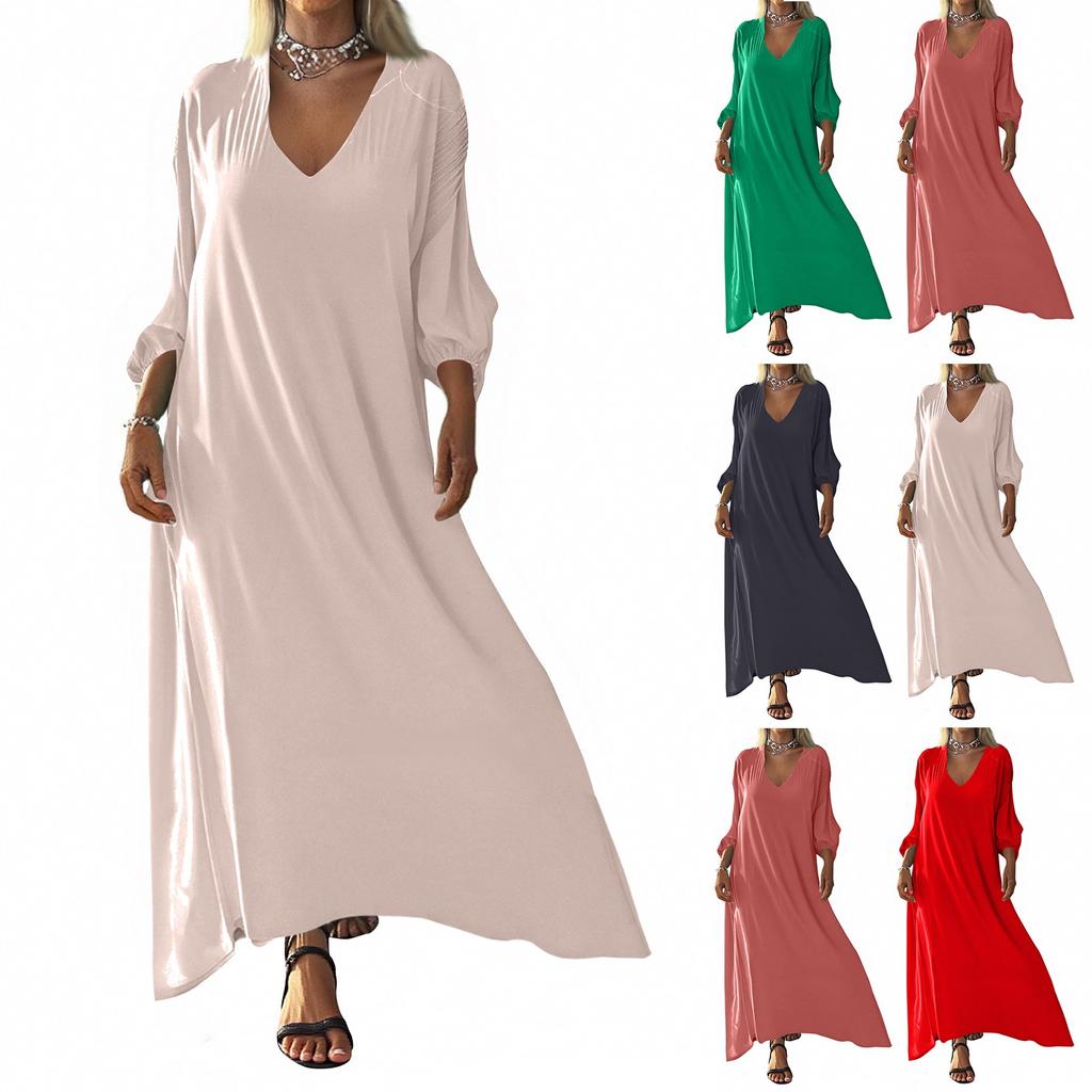 Women's Loose V-neck Solid Color Long Sleeve Dress
