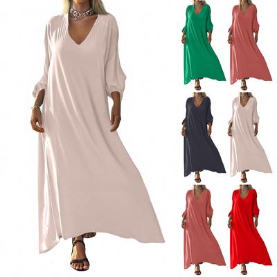 Damen Locker V-Ausschnitt Einfarbig Langarm Kleid