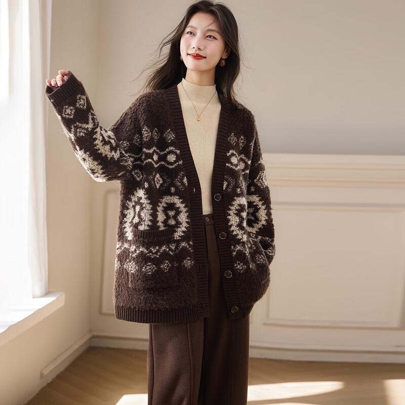 Srcr Women's 100% Wool Jacquard Knit Cardigan