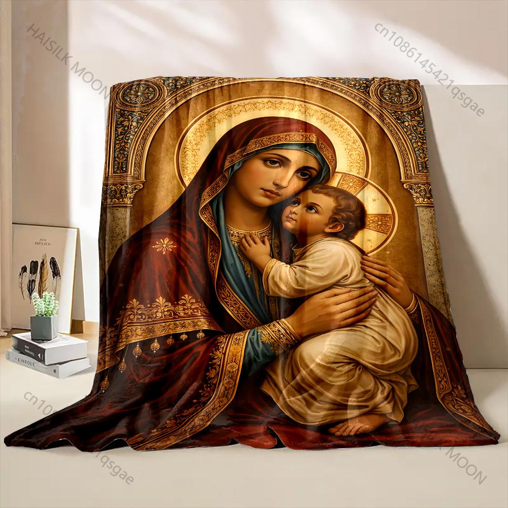 1PC Religious Mother-child Icon Faith-printed Flannel Blanket Soft and Warm Suitable for Home Travel Picnics Camping RV Use