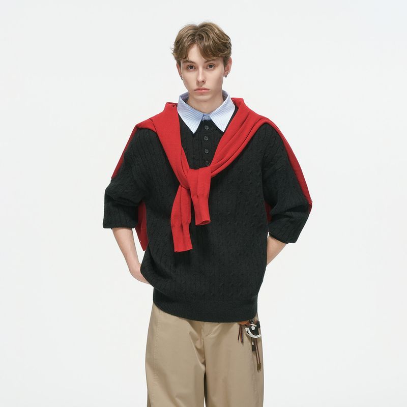 Dream Made Preppy Style Fake Two-Piece Polo Shirt Cable Knit Sweater Men's Autumn and Winter Old Money Knit Top