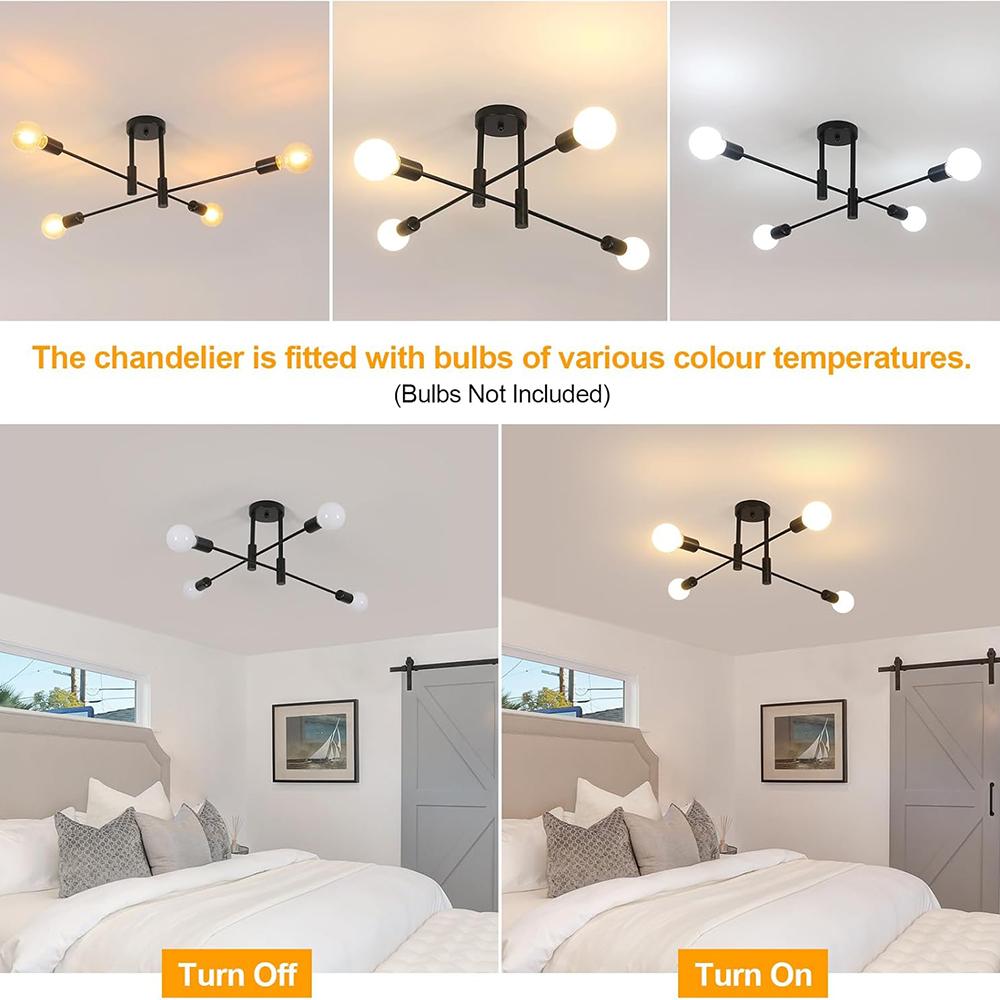 Vintage Industrial Chandelier, 4-Bulb E27 Socket Ceiling Light, Black Retro Ceiling Light for Bedroom, Living Room, Dining Room(Without Bulbs)