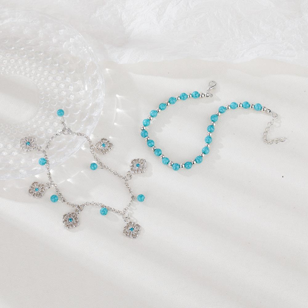 Vintage Böhmisches Türkis Perlen Graviert Hohl 2-teiliges Set Fußkettchen Fußdekoration