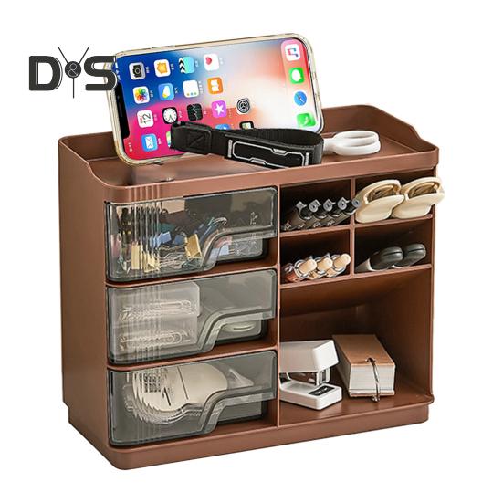 

Настільний органайзер для зберігання макіяжу з висувними ящиками великої ємності багатофункціональний органайзер для туалетного столика, що складається колір темно кави