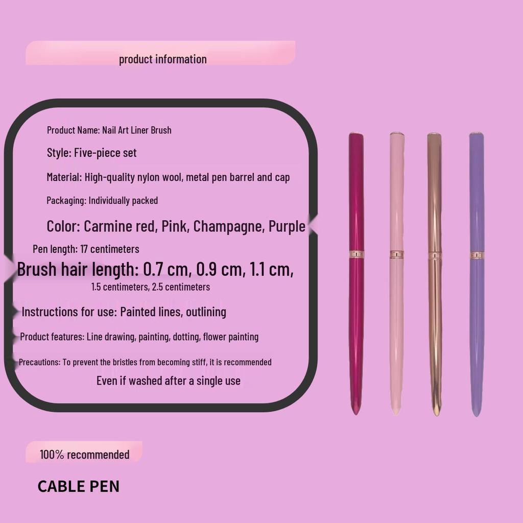 5-Piece Fine Line Nail Art Brush Set for Outlining, Painting Flowers, Line Drawing, and Color Mixing