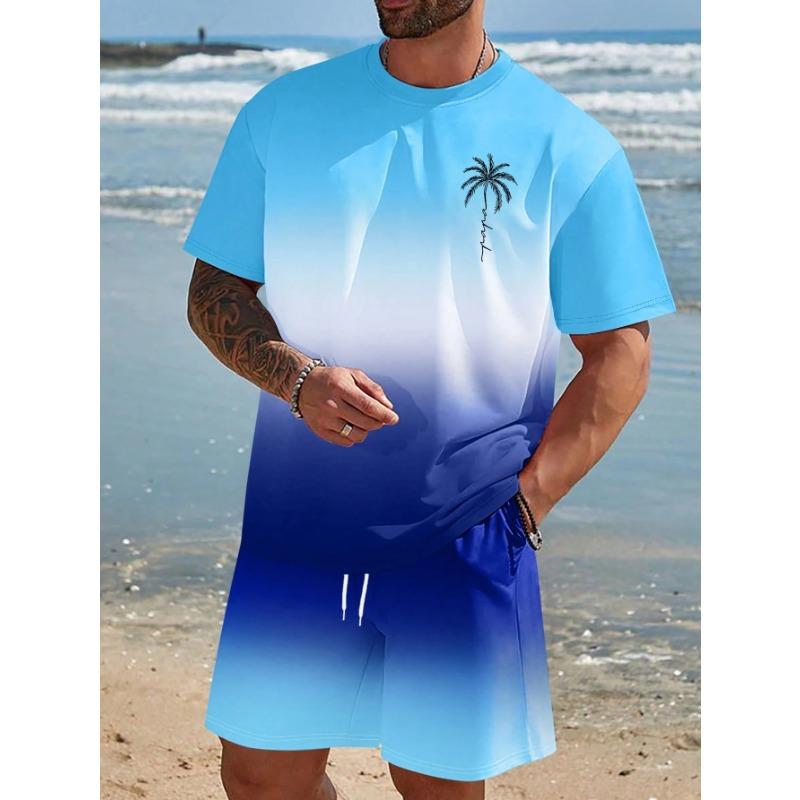 Herren Kurzarm Set Farbverlauf Print T-Shirts Shorts mit Kordelzug Urlaubsstrand Kurzarm Oberteil Shorts Zweiteiliges Set