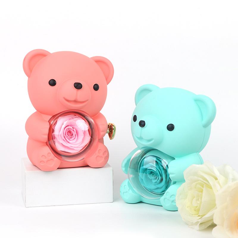 High-Quality Rotating Bear Jewelry Box with Everlasting Flowers - Perfect Valentine's Day Gift