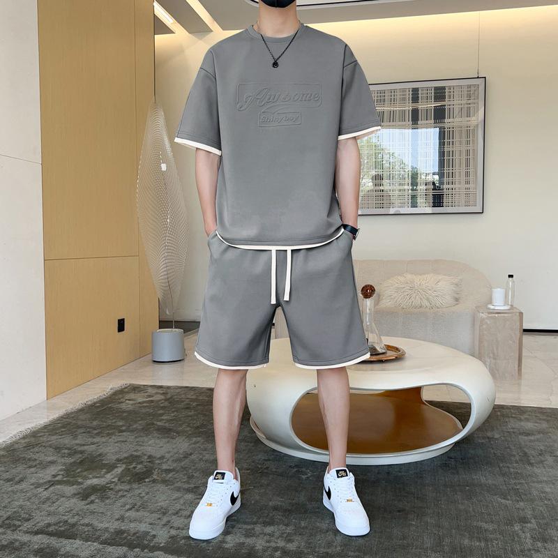 Men s Lightweight Embossed Ice Silk Summer Sportswear Set – Short-Sleeve T-Shirt & Shorts XL