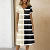 Women's Fashionable Striped Printed Round Neck Short Sleeved Button Neck Mid Length Casual Dress
