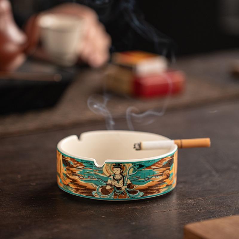 Retro Ceramic Ashtray Round Home Office Ashtray with Cover Anti-ash Flying Living Room Decorative Ornaments Home Ashtray