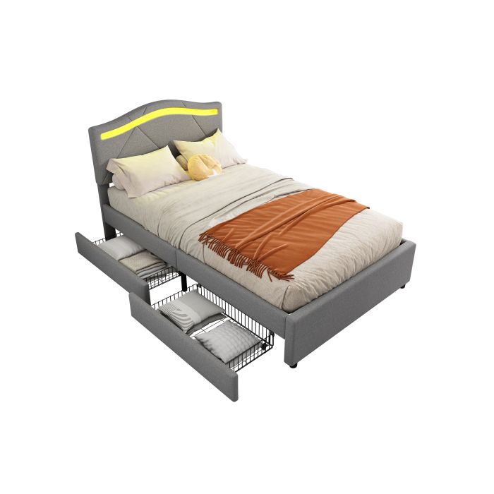 Lit - MUVOE - 90x200cm - Rembourré - Éclairage LED - 2 tiroirs de rangement