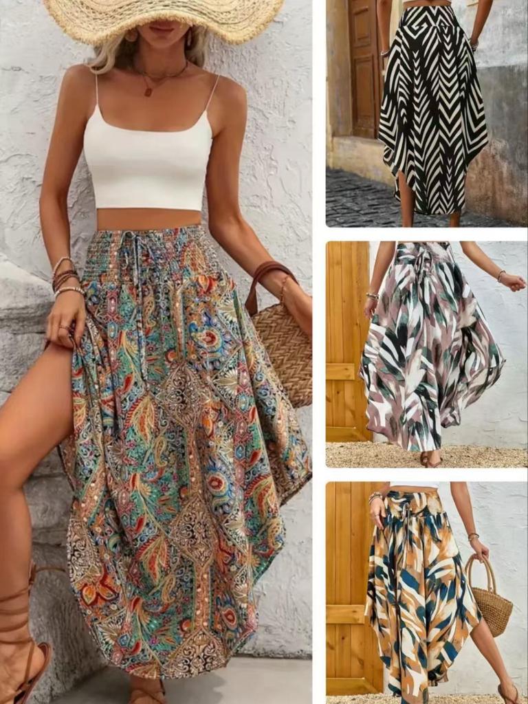 Bohemian Style Flowy Mid-Length Skirt with Personality Print for Summer Vacation