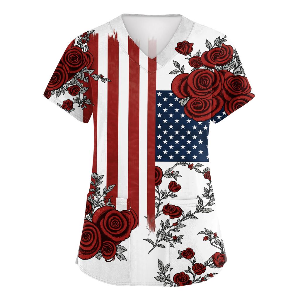 Women's Short-Sleeve Independence Day Print V-Neck Pocket Workwear Top