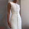 Women's Crew Neck Sleeveless Maxi Dress Slim Fit High Waist Elegant Belted Single Breasted Office Midi Dress