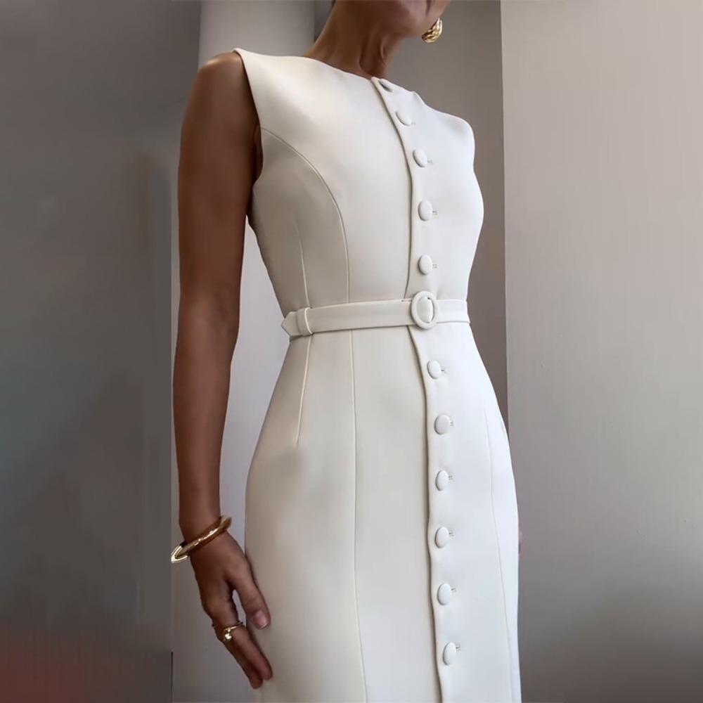 Women's Crew Neck Sleeveless Maxi Dress Slim Fit High Waist Elegant Belted Single Breasted Office Midi Dress