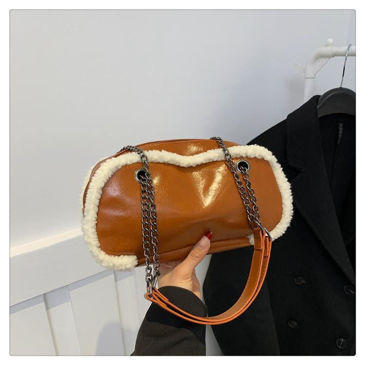

2024 New Fashion Winter Sheepskin Patchwork Chain Shoulder Crossbody Bag Women City Minimalist коричневий