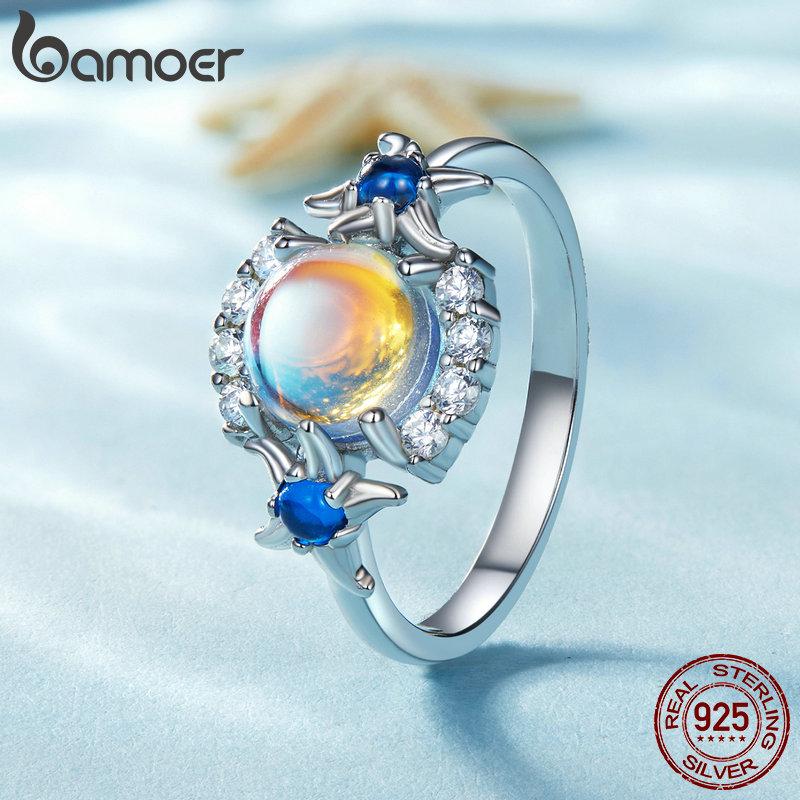

BAMOER из стерлингового серебра 925 пробы, ослепительное круглое кольцо с лунным камнем, кольцо на палец в виде морской звезды с кубическим цирконием для женщин, ювелирные изделия 8