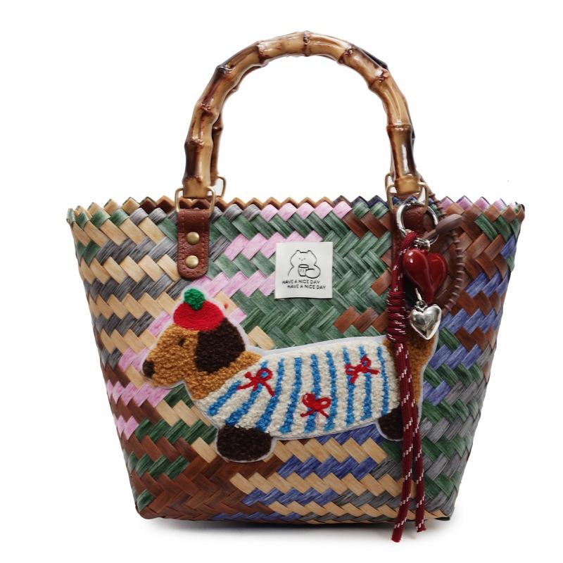 Vintage Striped Dachshund Handwoven Vegetable Basket Handbag Women's Large Capacity Commuter Bag Handheld Bucket Bag