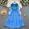 Vintage Western Style Embroidered V-neck Strap Up Waist Long Sleeve Dress for Women French Elegant Grand Swing Long Dress
