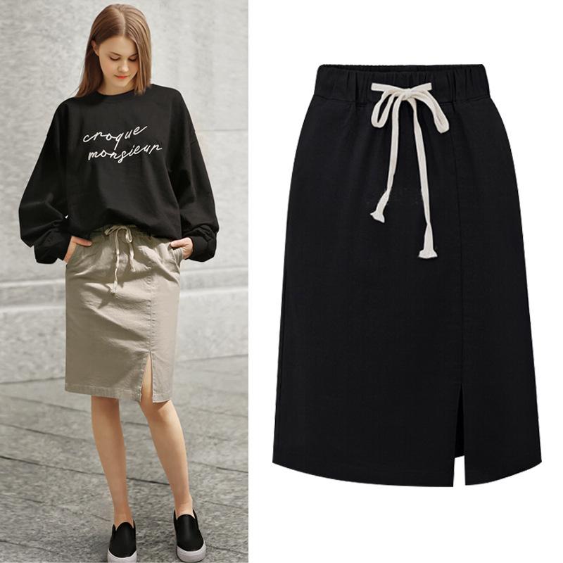Cotton Casual Short Skirt for Women Drawstring Elastic High Waist Hem Split Skirt Solid A-line Slim Short Skirt Breathable Lightweight Plus Skirt