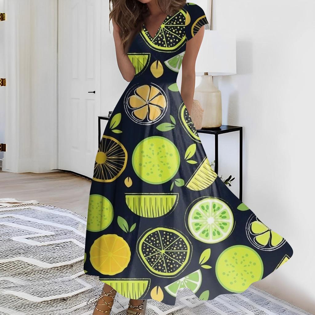 Women's Summer Fruit Printed V-Neck Long Dresses Dresses