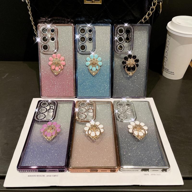 For Samsung Galaxy S25 Ultra Luxury Plating Rhinestone Frame Diamond Ring Stand Phone Case For Samsung S22 S23 S24 S25Plus Cover