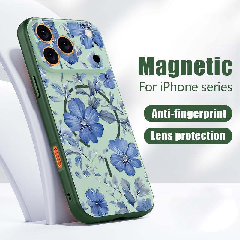 Magnetic For Magsafe Case For iPhone 17 Pro Max Pale Blue Flowers Pattern Skin Feeling Cover For iPhone 16 15 14 13 Pro Max