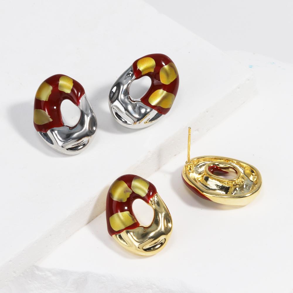 New Design Gilt Red Creative Gold Plated Irregular Round Geometric Earrings for Women Statement Studs Fashion Jewelry Waterproof