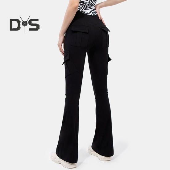 Women Flared Pants Elastic High Waist Wide Leg Casual Trousers with Flap Pockets Solid Color Cargo Pants Daily Wear