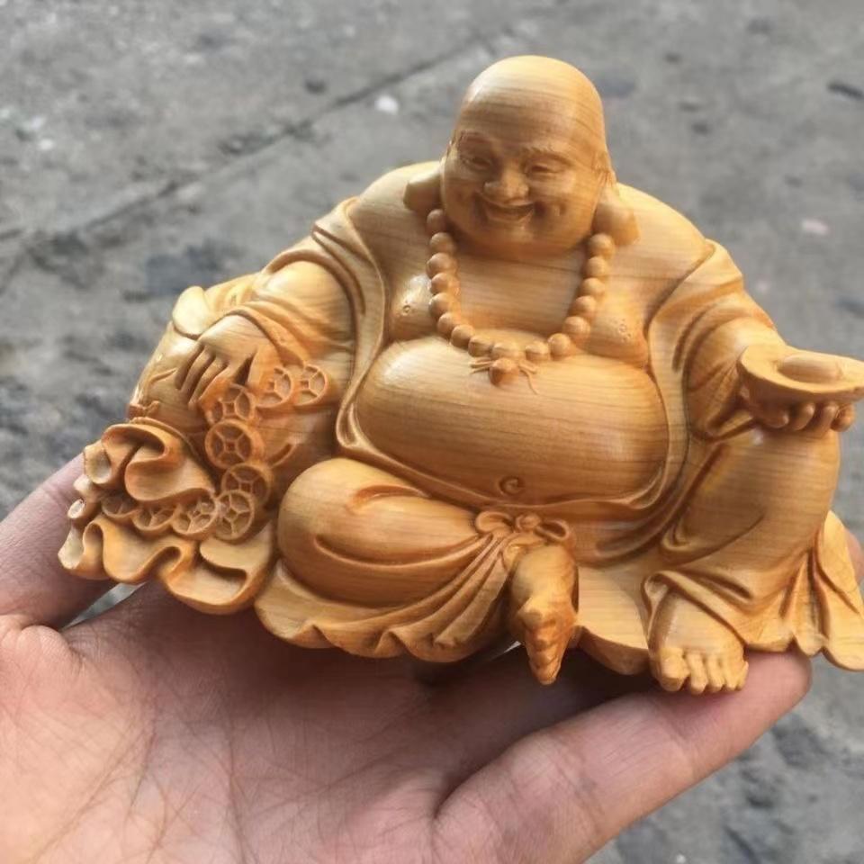 Natural Cypress Ingot Maitreya Buddha  Statue Chinese characteristic wood carving Home, Room, Office, God of Wealth Accessories