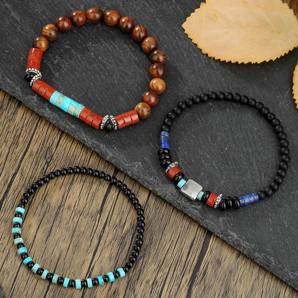 New Natural Stone Beaded Bracelet Combination Men's Personality Retro Bohemian Black Gallstone Stacked Bracelet