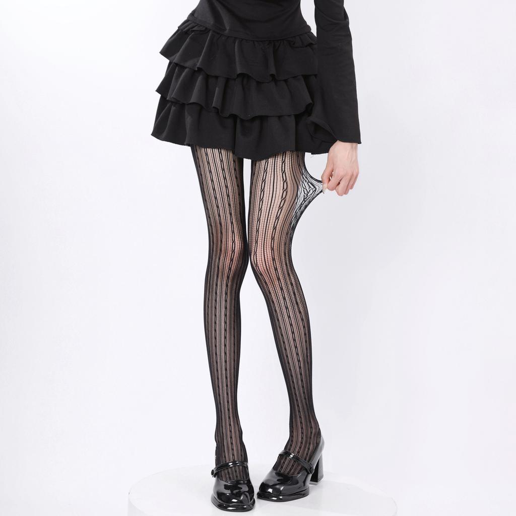 Sexy Hollow Lace Fishnet Socks American Stockings Retro Coffee Vertical Striped Pantyhose Women With Leg Covers