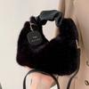 Women Faux Fur Plush Handbags Ruched Handle Small Lady Shoulder Crossbody Bag Casual Half-Mo Hobos Winter Bags for Women