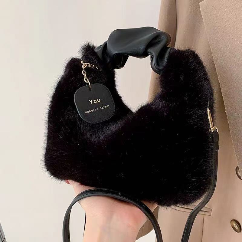 Women Faux Fur Plush Handbags Ruched Handle Small Lady Shoulder Crossbody Bag Casual Half-Mo Hobos Winter Bags for Women