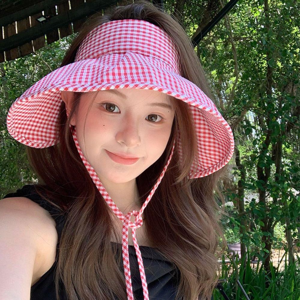 Foldable Sun Protection Hats Plaid Print Wide Brim Sunhat Fashion Summer Fisherman Cap  Fishing