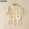 VONDA Women Summer Doll Collar Puff Sleeve Buttons Up Print Casual Blouse