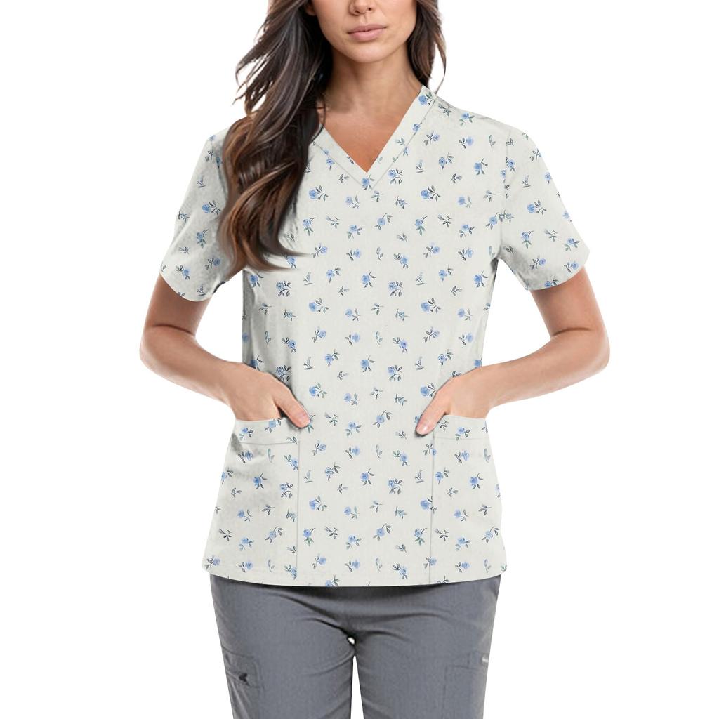 Women's Cute Printed Work Clothes V-neck Double Layer Pockets Basic Short Sleeve Top Pullover Valentines