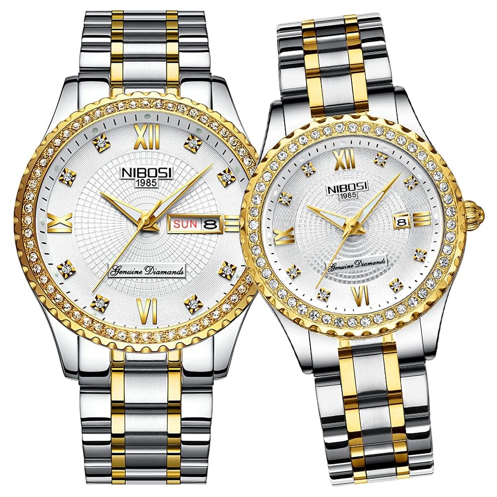 Pair Classic Stainless Steel Watches for Couples Gold Diamond Waterproof Luxury Gift Set