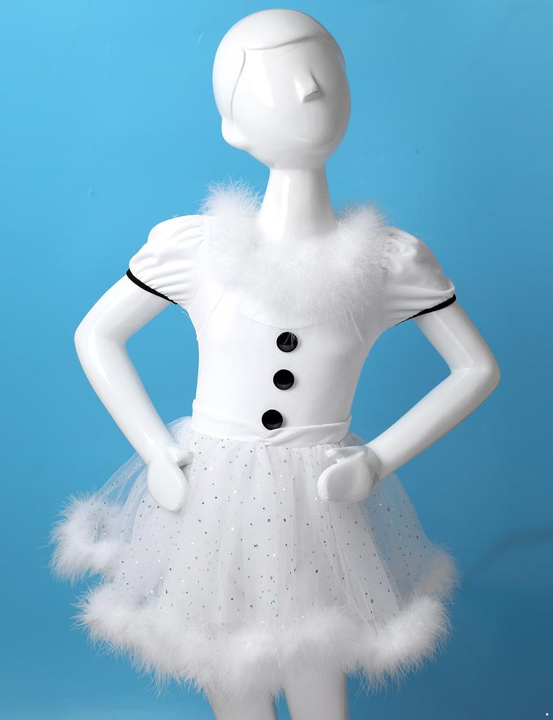 Girls Christmas Dance Dress Feather Trim Short Puff Sleeves Decorative Buttons Sequined Mesh Leotard Skating Costume