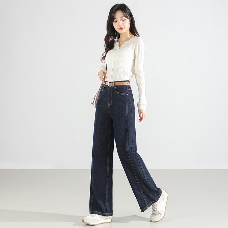 

Модные женские джинсы широкие штанины темно-синие - Весенние прямые драпирующиеся брюки 26 (For 85-95 lbs) синий