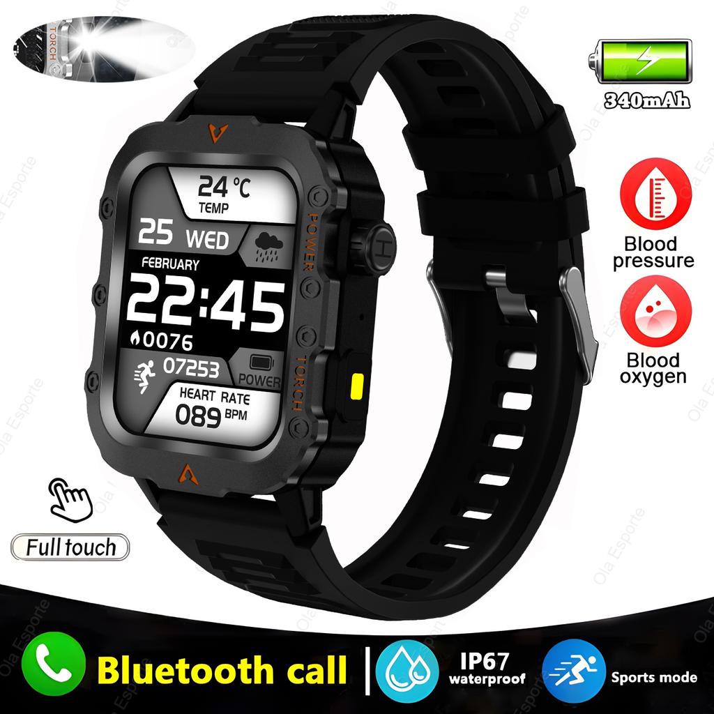 Outdoors Durable Men Sports Smart Watch Big Battery LED Flashlight IP69K Waterproof Bluetooth Call Military Smartwatch Hw12